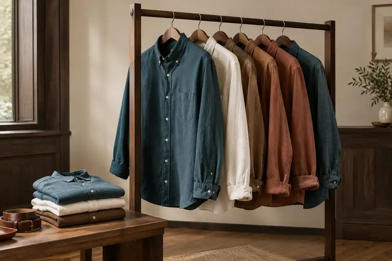 Chemises casual pour homme présentées sur un portant en bois