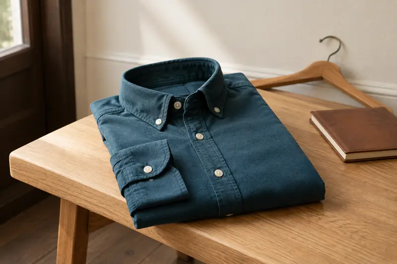Chemise casual pliée sur un banc en chêne clair