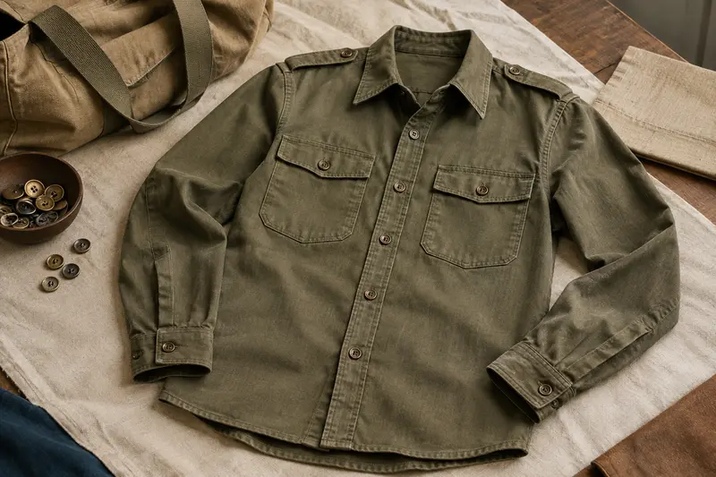 Chemise militaire kaki posée près d’un sac en toile écrue