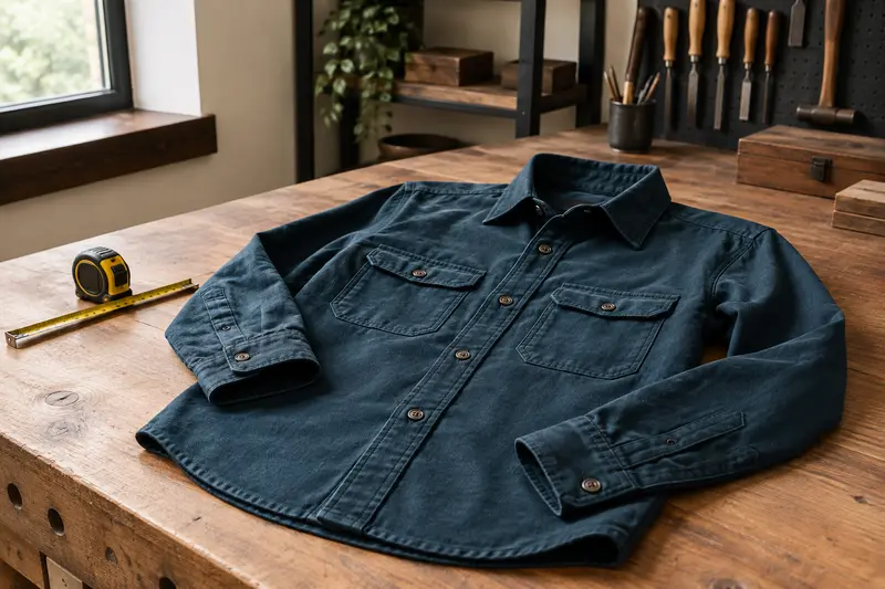 Chemise de travail posée sur un établi avec des outils rangés