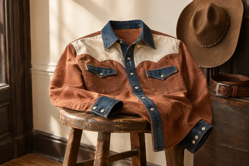 Chemise western posée sur un tabouret près d’un chapeau
