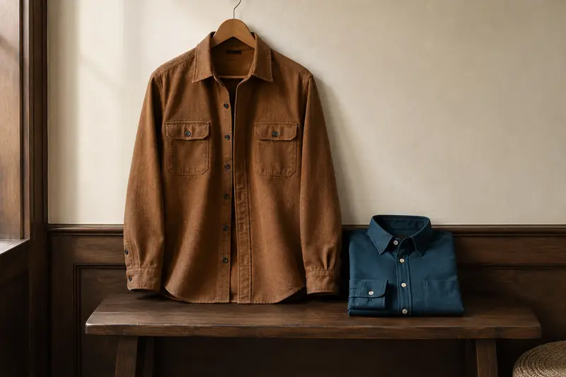 Surchemise suspendue près d’une chemise pliée sur un banc