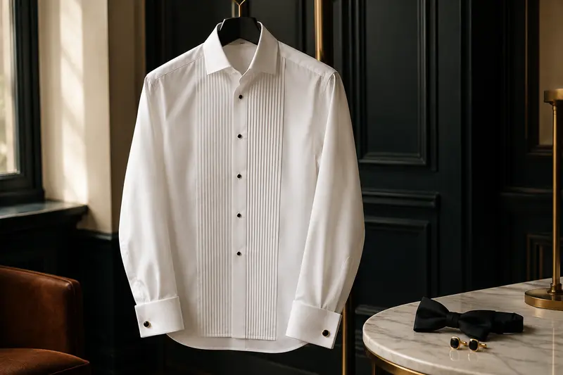 Chemise de smoking blanche présentée avec un nœud papillon