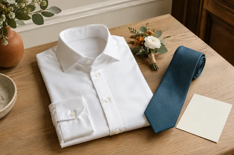 Chemise de mariage pliée près d’une cravate et d’une boutonnière