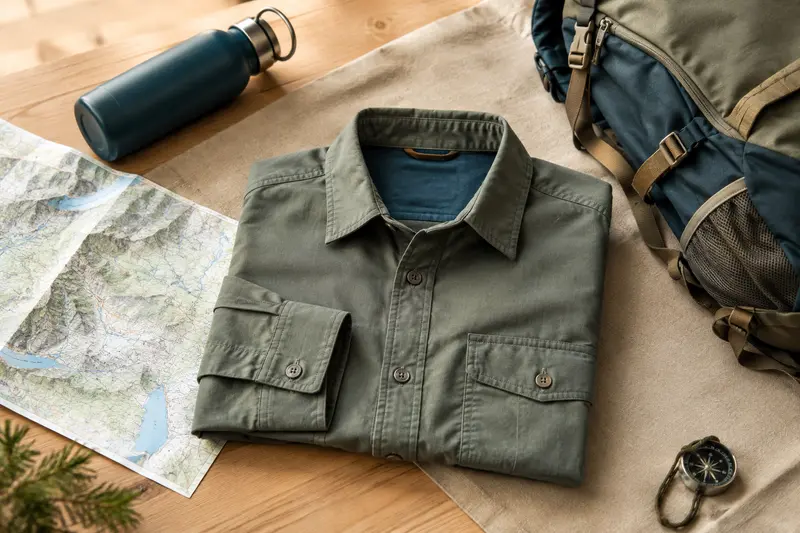 Chemise de randonnée pliée près d’une carte et d’une gourde