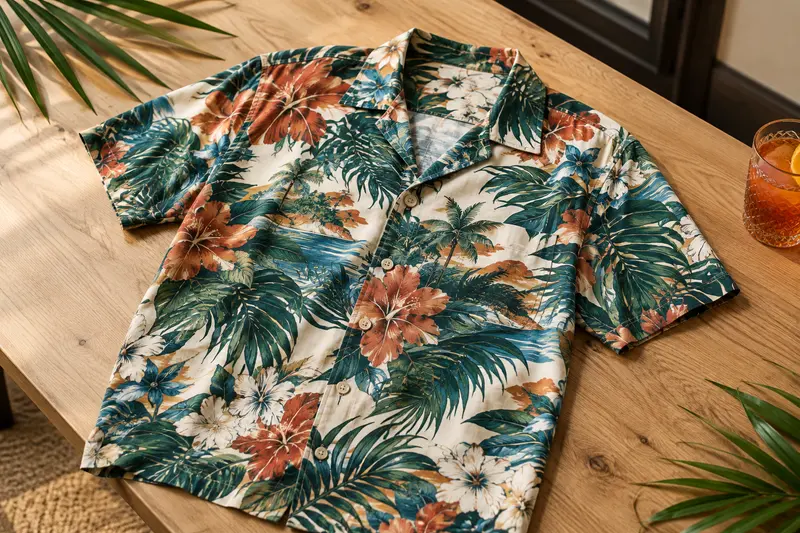 Chemise hawaïenne à motifs tropicaux sur une table en bois