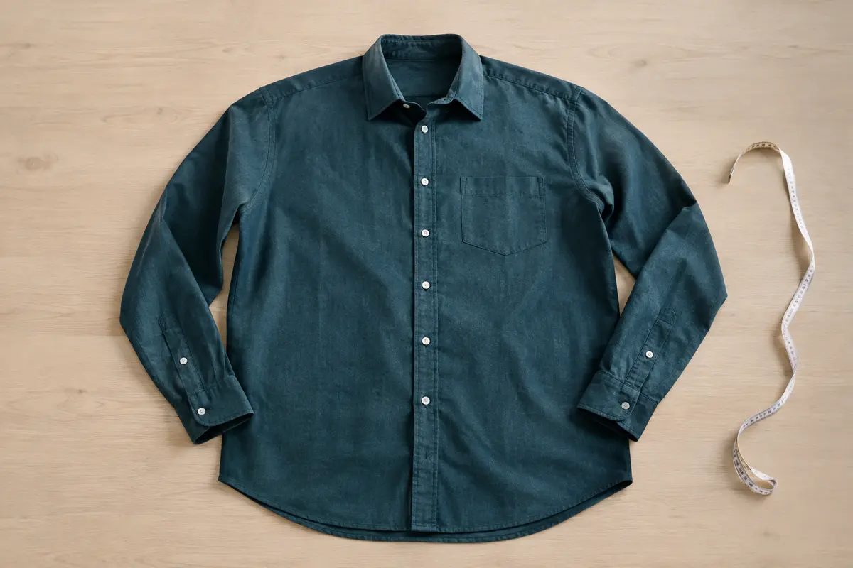 Chemise pour homme posée à plat avec un mètre ruban pour vérifier ses mesures et sa coupe