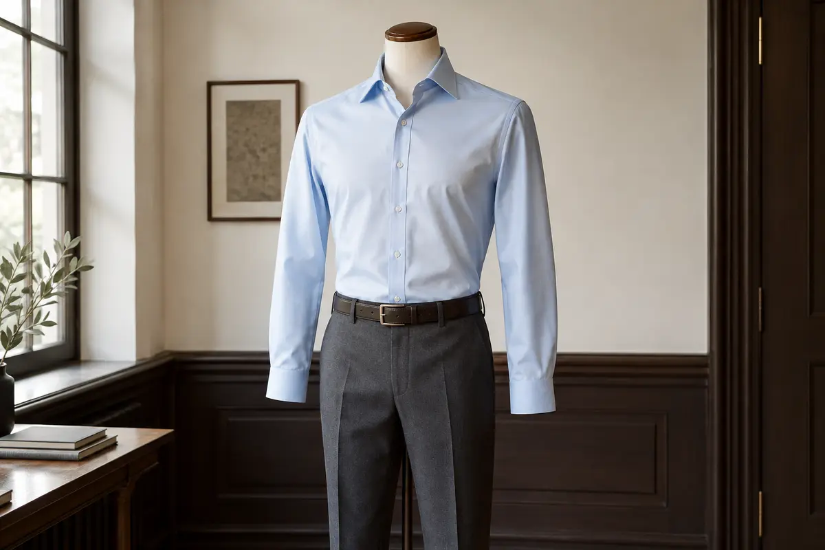 Chemise bleu clair sans cravate associée à un pantalon de costume gris pour le bureau