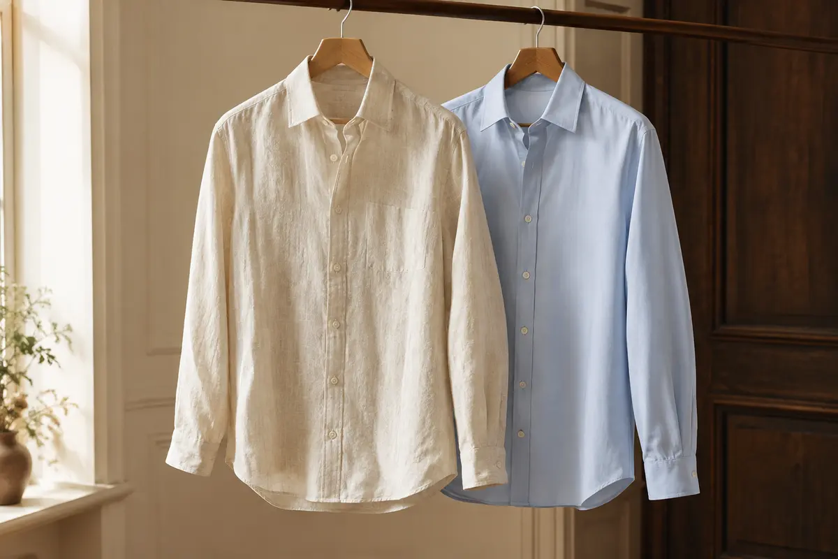 Chemise en lin ivoire froissée et chemise en coton léger bleu pâle comparées côte à côte