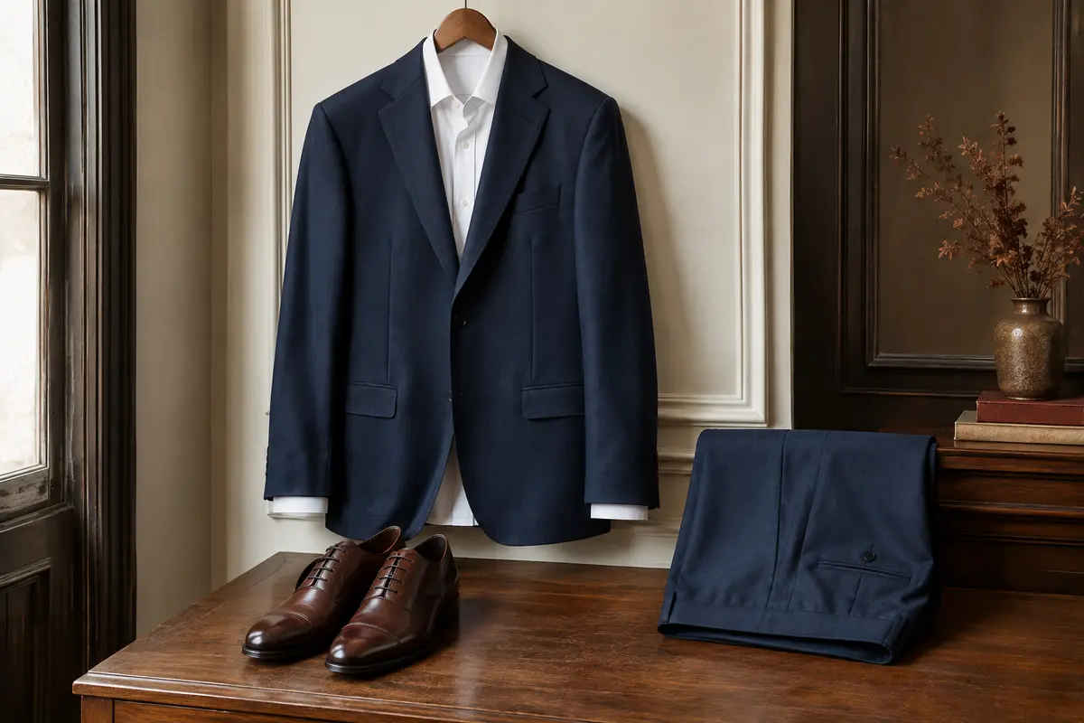 Chemise blanche et pantalon habillé bleu marine composent une tenue sobre pour une soirée