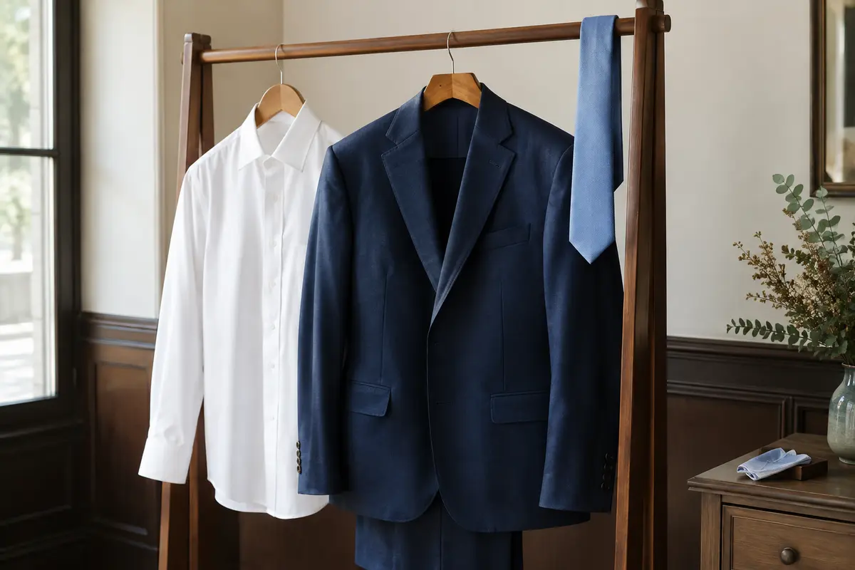 Chemise blanche unie associée à un costume bleu marine et à des accessoires sobres pour un mariage