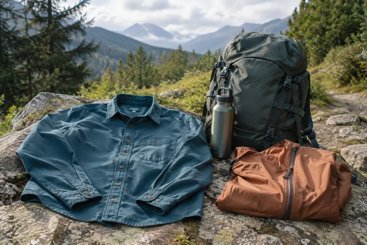 Chemise de randonnée posée près d’un sac à dos et d’une veste sur un sentier de montagne