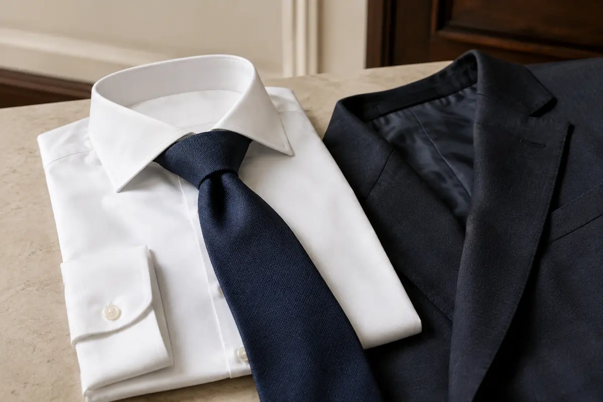 Chemise blanche à col classique accompagnée d’une cravate nouée et d’une veste de costume sombre