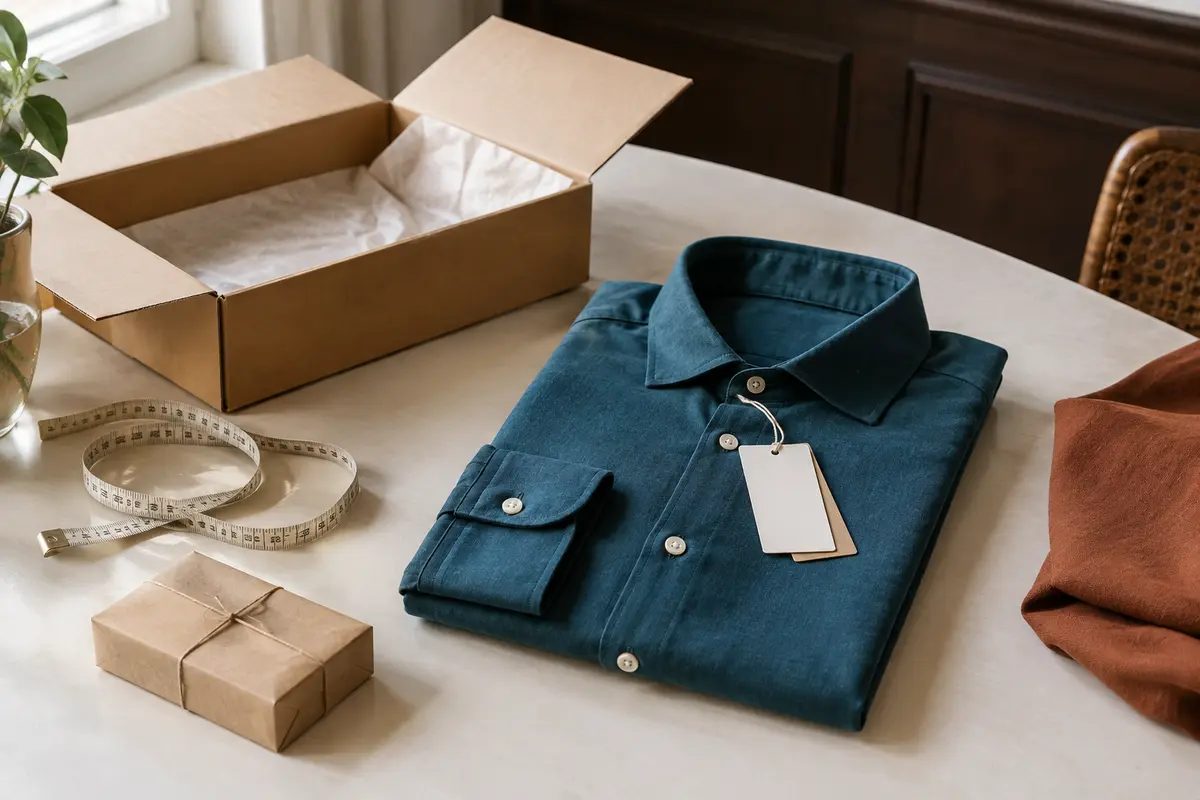 Chemise pour homme avec ses étiquettes attachées, posée près de son emballage et d’un ruban de mesure