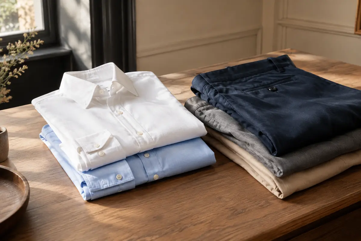 Chemises blanche et bleu clair près de pantalons marine, gris et beige dans un vestiaire sobre