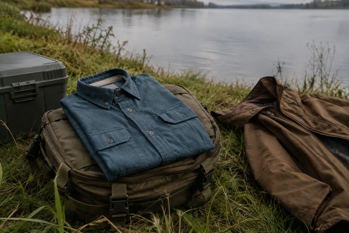 Chemise outdoor pliée avec une veste et du matériel de pêche sur une berge par ciel couvert