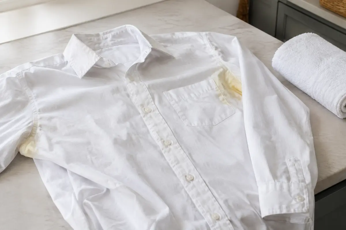 Chemise blanche posée à plat avec une légère auréole jaune visible près de l’aisselle