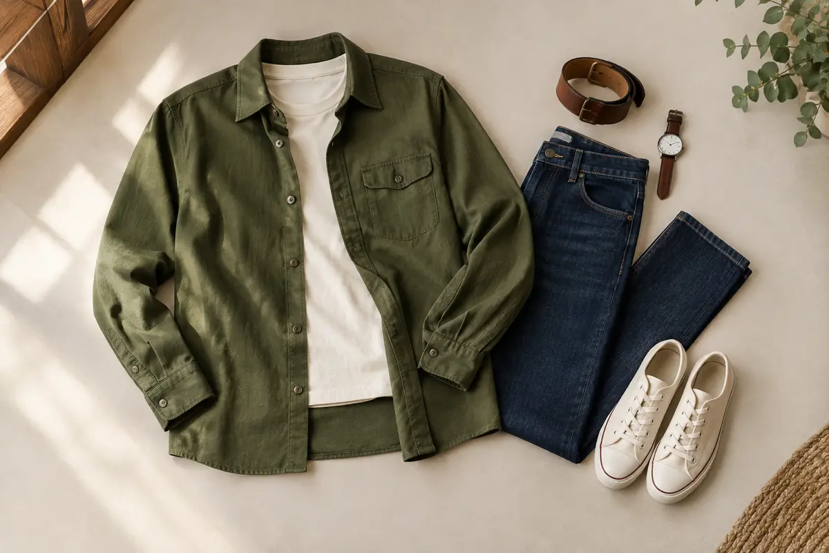 Chemise militaire olive associée à un tee-shirt écru, un jean brut et des baskets sobres