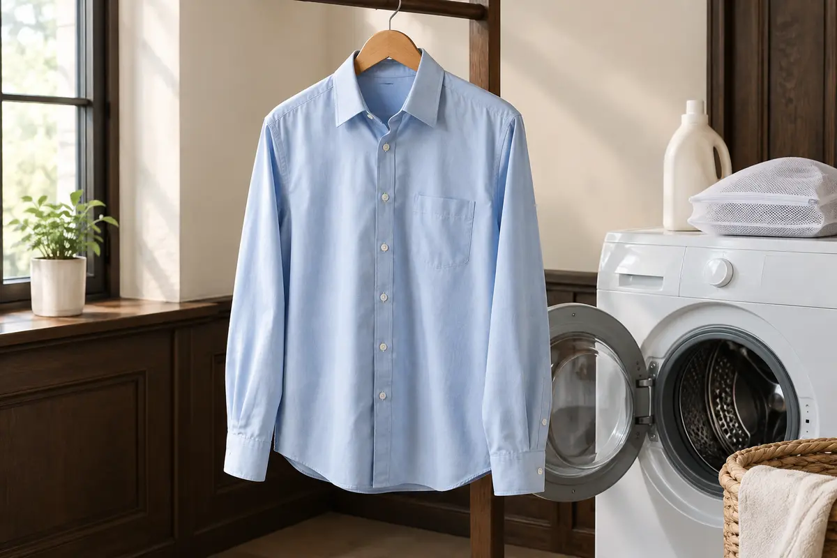 Chemise bleue sur cintre, col remis en forme et filet de lavage posé à proximité.