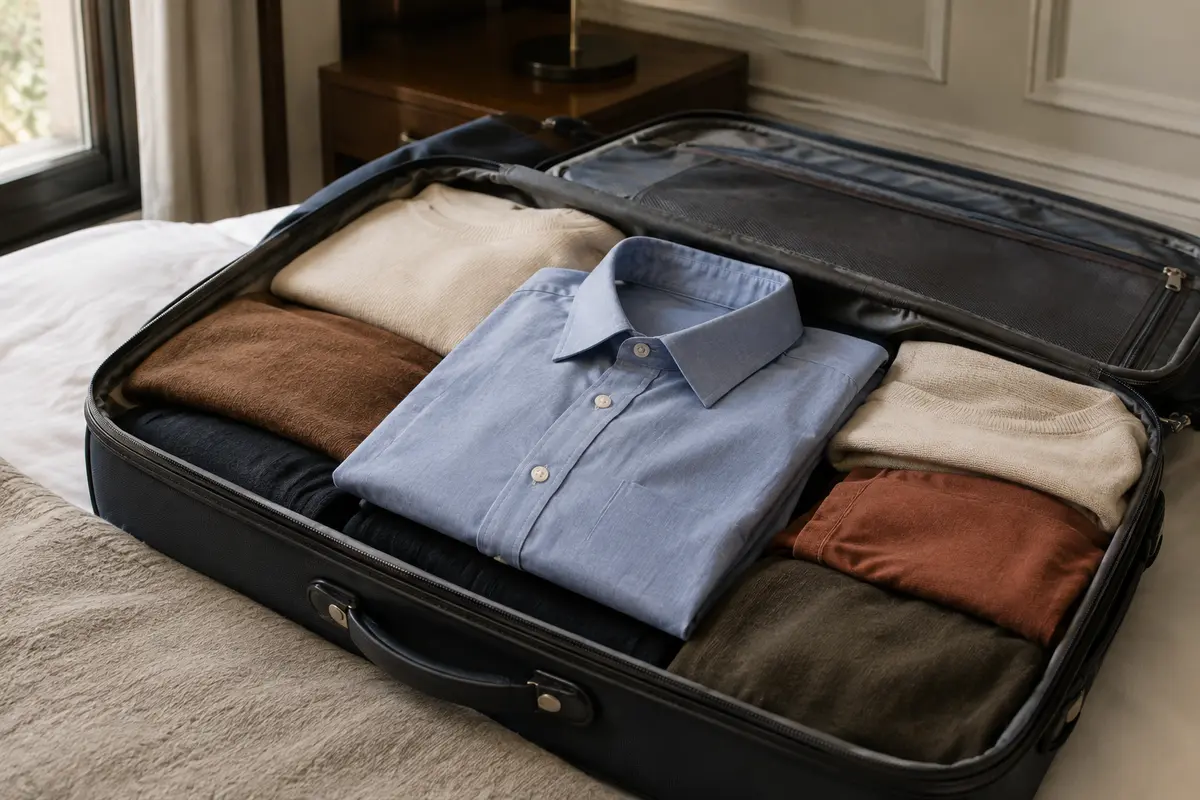 Chemise pour homme pliée à plat dans une valise ouverte, entourée de vêtements rangés sans forte compression.