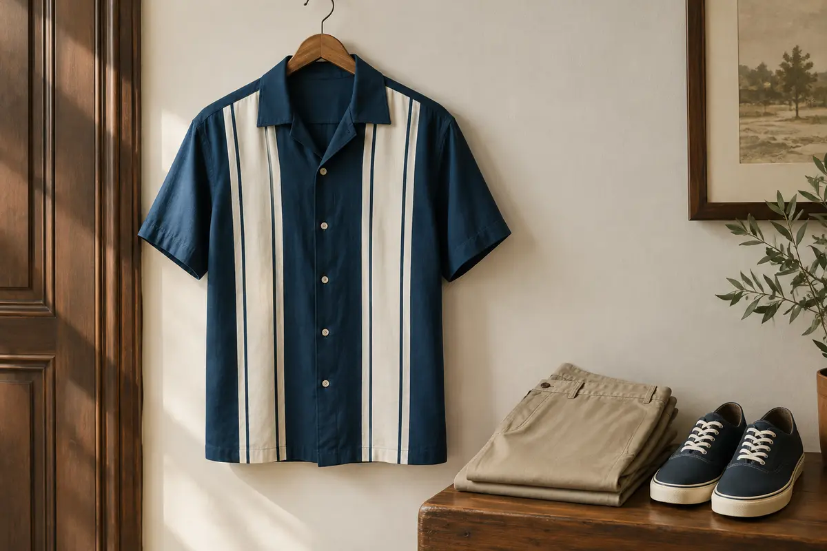 Chemise bowling bleu marine et écru associée à un chino beige et des chaussures sobres