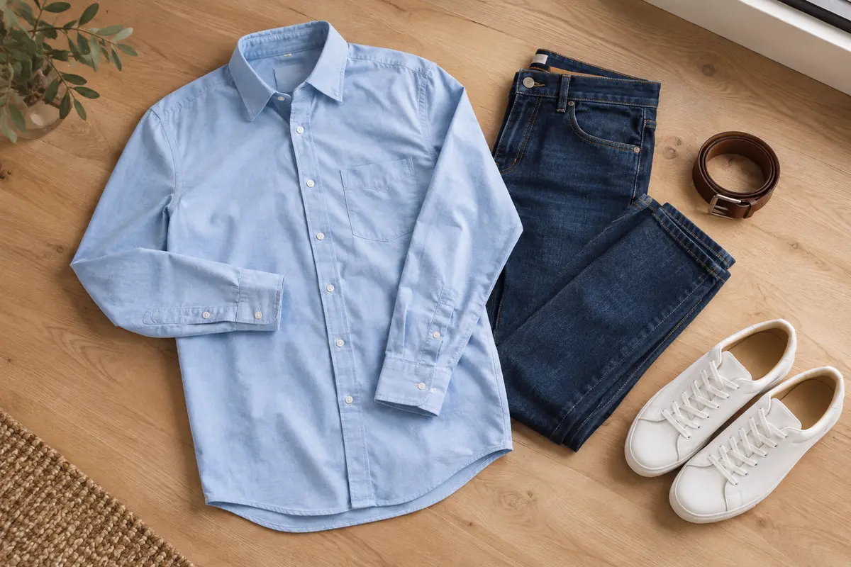 Chemise bleu pâle et jean foncé associés à des baskets blanches pour une tenue casual soignée