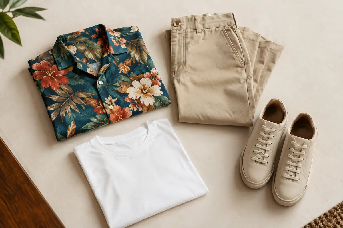 Chemise hawaïenne fleurie associée à un pantalon beige, un tee-shirt blanc et des chaussures sobres