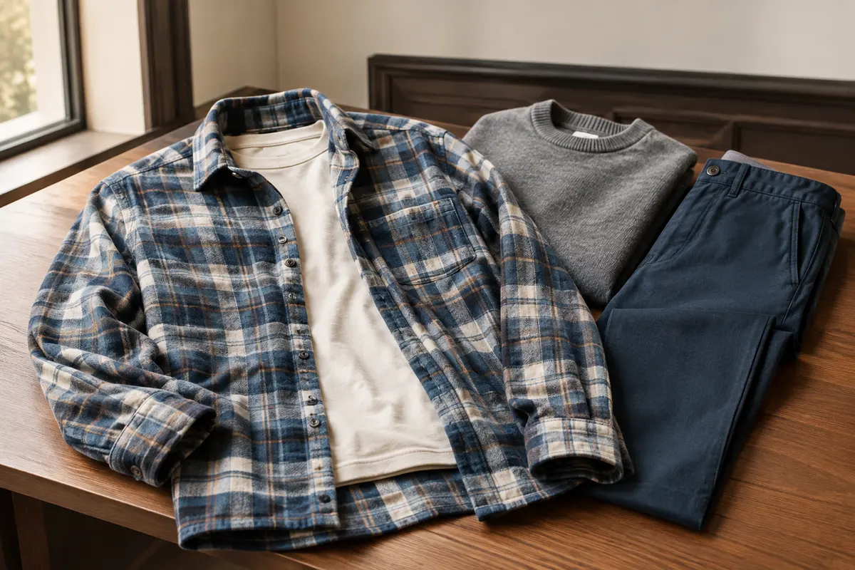 Surchemise à carreaux posée sur un tee-shirt et un pull fin, illustrant une superposition équilibrée.