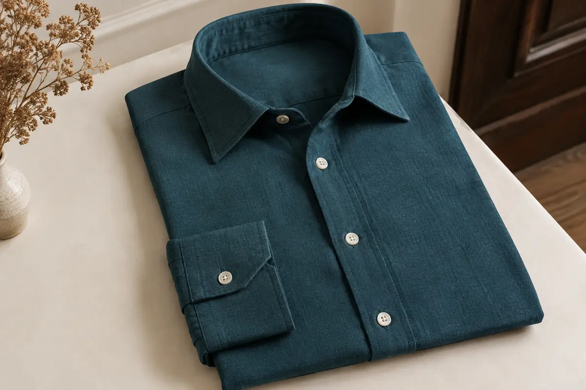 Chemise pour homme à plat montrant ses coutures, ses boutons et ses finitions soignées