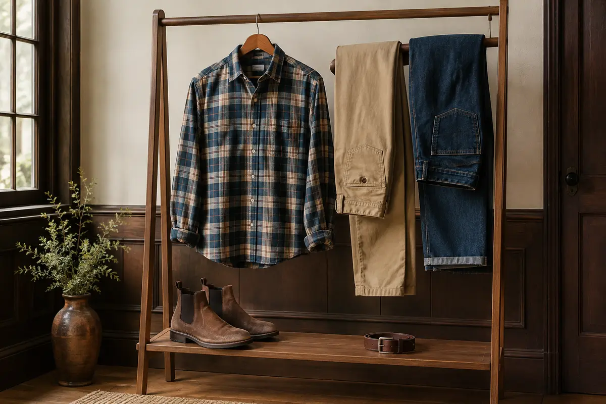 Chemise western à carreaux associée à un pantalon uni, un jean brut et des bottines sobres