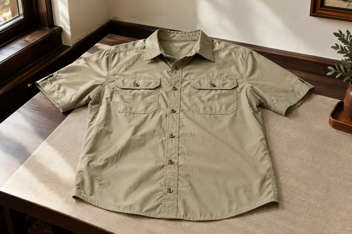 Chemise de randonnée kaki clair à manches courtes, avec deux poches poitrine et boutons visibles