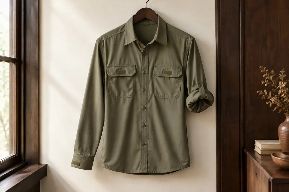 Chemise de randonnée kaki à manches retroussables, avec poches poitrine et poignets boutonnés