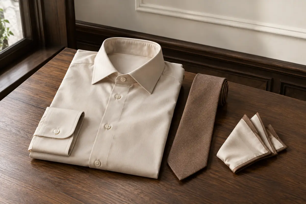 Chemise homme champagne à manches longues avec cravate assortie et mouchoir de poche coordonné, présentés à plat.