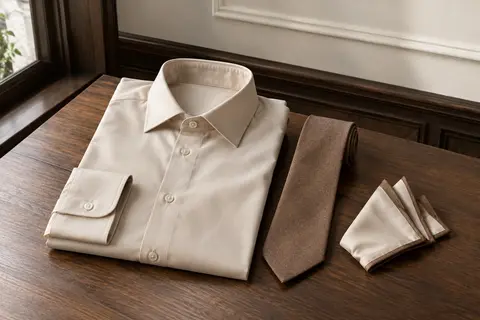Chemise homme champagne à manches longues avec cravate assortie et mouchoir de poche coordonné, présentés à plat.