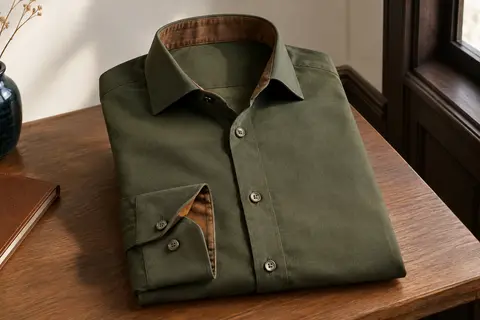 Chemise habillée pour homme à manches longues, ton army, avec coupe ajustée et détails contrastés au col et aux poignets.