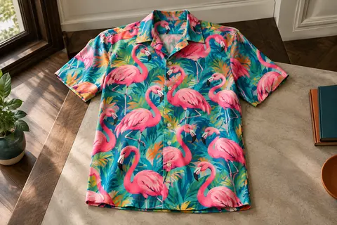 Chemise hawaïenne à manches courtes avec imprimé fluorescent de flamant rose et boutons visibles.