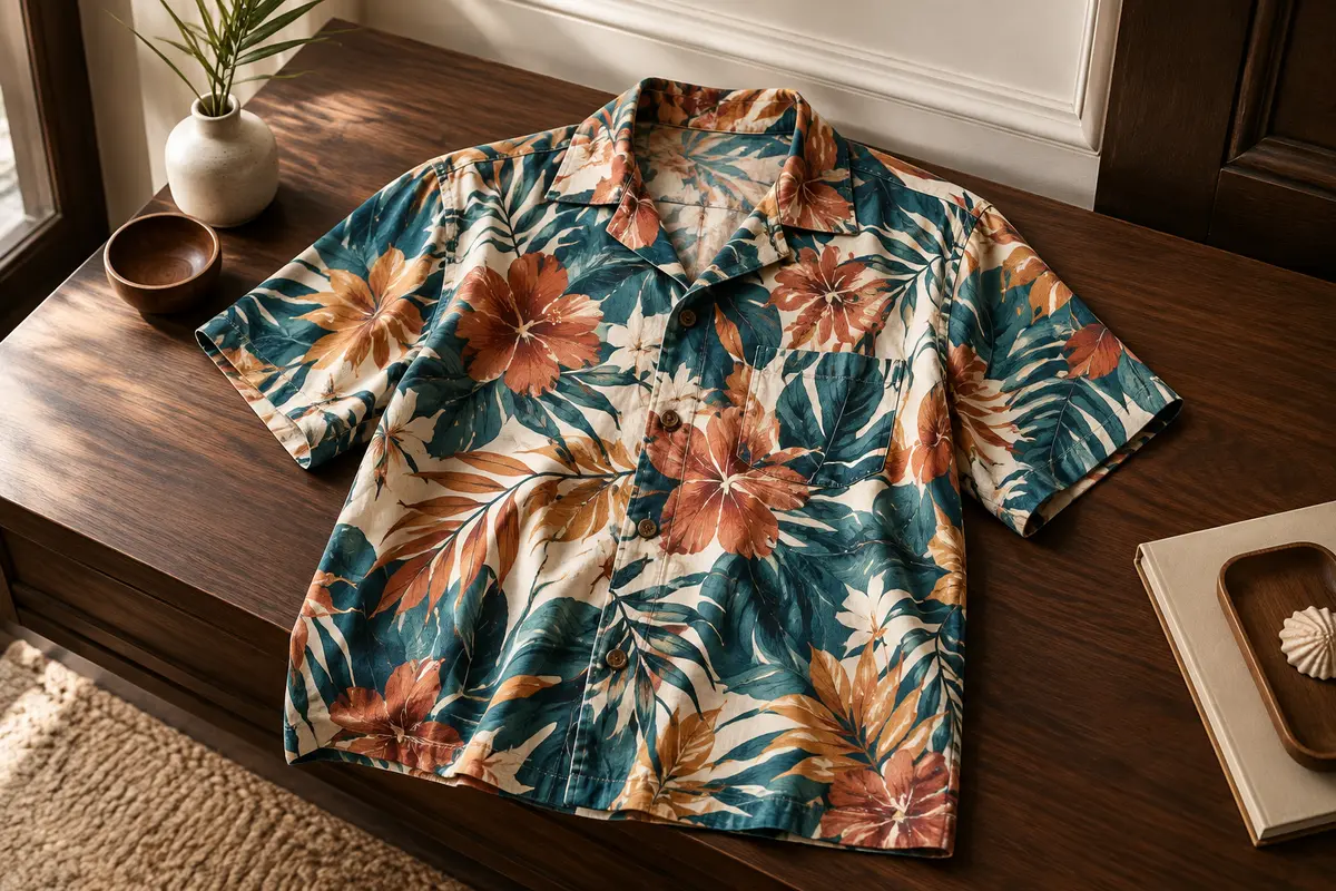 Chemise hawaïenne pour homme à manches courtes et imprimé tropical, présentée à plat dans un intérieur sobre.