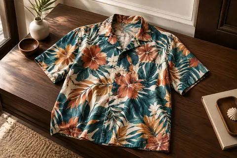 Chemise hawaïenne pour homme à manches courtes et imprimé tropical, présentée à plat dans un intérieur sobre.