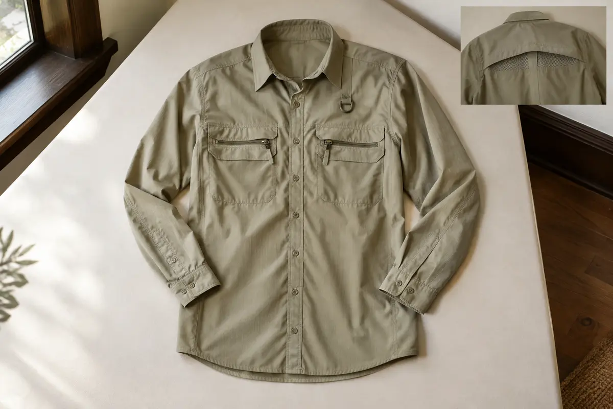 Chemise de randonnée Asfixiado kaki clair à manches longues, avec poches de poitrine et détails ventilés