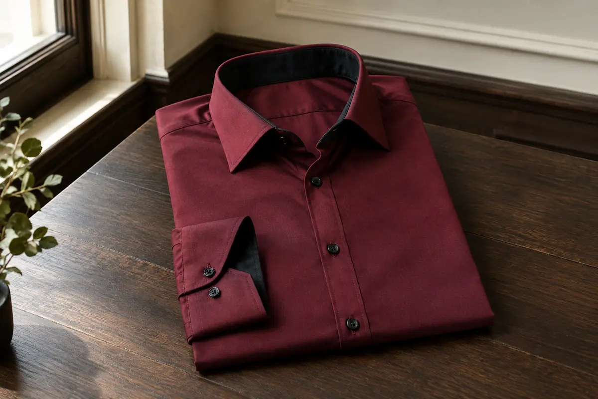 Chemise Baxboy bordeaux à manches longues, col Kent et détails noirs, présentée à plat sur un fond sobre