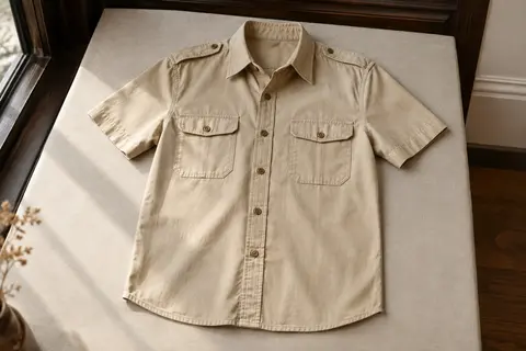 Chemise homme beige à manches courtes avec deux poches poitrine à rabat et pattes d’épaules boutonnées