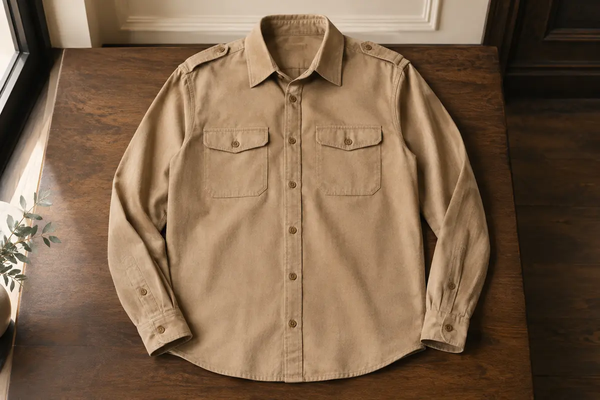 Chemise Brandit à manches longues en coton chameau, présentée à plat avec col Kent et poches poitrine.