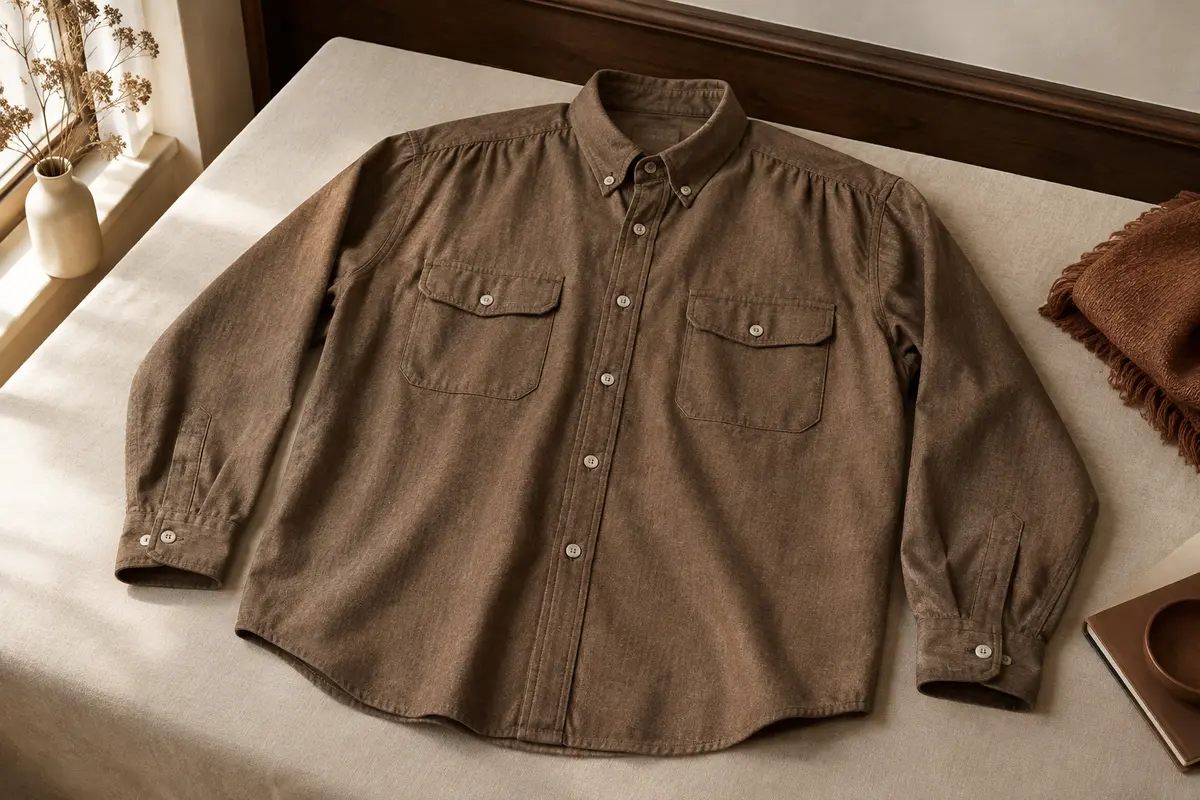 Chemise homme ample en chambray brun avec col boutonné et deux poches poitrine à rabat
