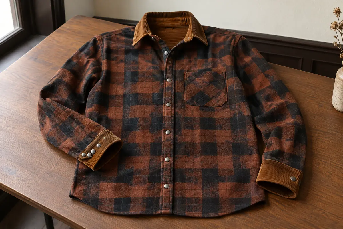 Chemise homme en flanelle à carreaux brun et noir, avec boutons-pression et détails en velours côtelé
