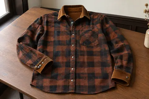 Chemise homme en flanelle à carreaux brun et noir, avec boutons-pression et détails en velours côtelé