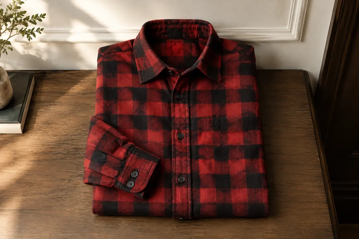 Chemise Columbia Cornell Woods en flanelle à carreaux rouges, présentée à plat dans un intérieur sobre