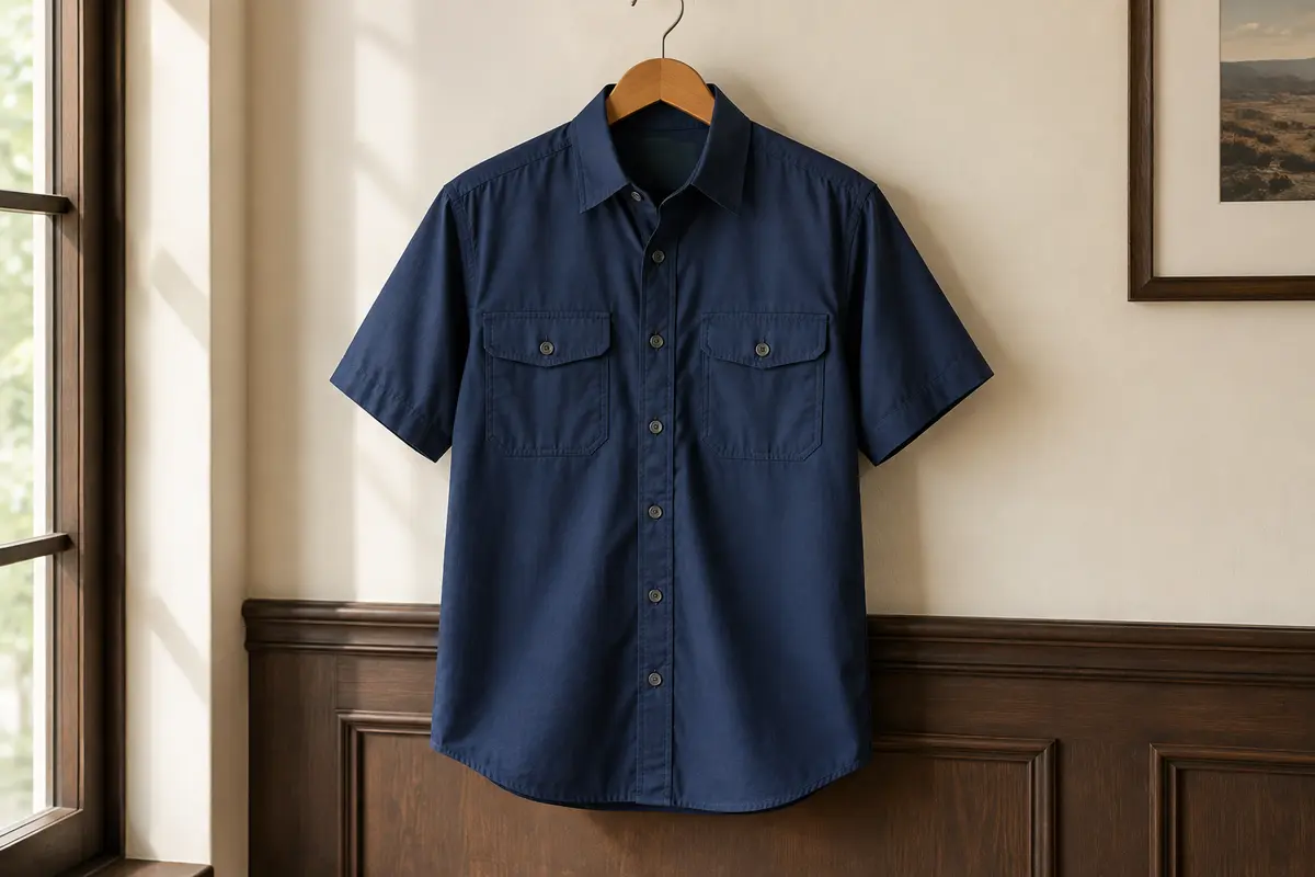 Chemise de pêche Columbia Tamiami II à manches courtes, bleu marine, avec deux poches poitrine, présentée sur cintre.