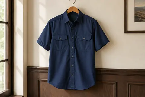 Chemise de pêche Columbia Tamiami II à manches courtes, bleu marine, avec deux poches poitrine, présentée sur cintre.