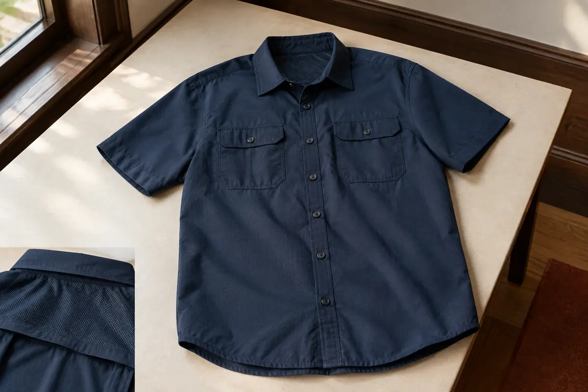 Chemise homme Columbia bleu marine à manches courtes, deux poches poitrine et tissu ripstop ventilé.