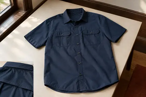 Chemise homme Columbia bleu marine à manches courtes, deux poches poitrine et tissu ripstop ventilé.
